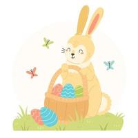 Easter bunny with a basket of Easter eggs in a cartoon flat style. A happy bunny character holds a basket of eggs. Vector spring Easter illustration.