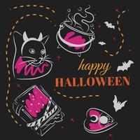 Happy Halloween, magic set, potion cauldron, cat, spell book, doodle vector