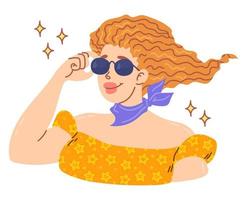 Cool girl with sunglasses. Character with curly hairstyle. Cartoon style. Colorful vector illustration isolated on white background.