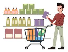 Man chooses goods in a store. Customer with a cart full of products and goods. Aisles with household chemicals in the supermarket. Vector illustration on a white background.