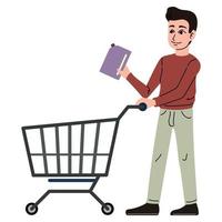 Man with empty grocery cart. Vector illustration isolated on white background.