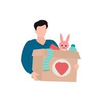 Volunteer holds a box of toys and clothes. Concept of help, social care, volunteering, support for poor people. Cartoon flat vector illustration.