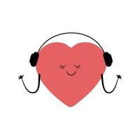 Cute smiling heart isolated on white background. Heart in headphones listens to music. Vector cartoon character illustration.