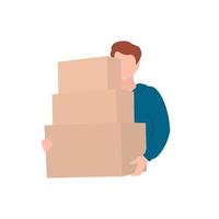 el hombre sostiene las cajas en sus manos. el mensajero lleva las cajas a pie. entrega a pie. ilustración vectorial aislado sobre fondo blanco. vector