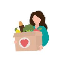 chica voluntaria sosteniendo una caja de comida. concepto de ayuda, atención social, voluntariado, apoyo a los pobres. ilustración vectorial plana de dibujos animados. vector