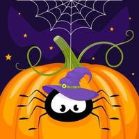 A spider in a witch's hat descends from spider web on an orange pumpkin. Halloween concept. Vector illustration.