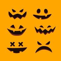 Clipart collection of spooky pumpkin face expression isolated on orange background. Halloween party. Vector illustration.