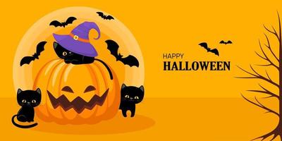 Happy Halloween. Halloween concept with bats, pumpkin, moon and black cats on orange background. Vector illustration design template for banner or poster.