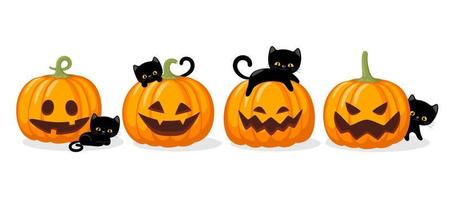 Halloween pumpkins with blacks cats. Scary pumpkin with smile. Vector illustration isolated on white background. Halloween and autumn concept.