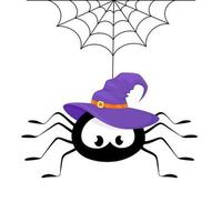 A spider in a witch's hat descends from spider web. Halloween concept. Vector illustration on a white background.