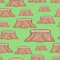 Tree stumps and trunks in cartoon flat style. Cute vector seamless pattern on green background.