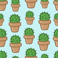 Potted cactus in cartoon style. Cute hand-drawn vector illustration. Seamless pattern on blue background.