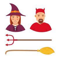 Halloween characters set in witch and devil costumes. Holiday elements broom and trident trait.Isolated on a white background.Man and woman in carnival costumes. vector