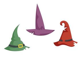 conjunto de diferentes sombreros de bruja. atributos de halloween en estilo de dibujos animados. vector