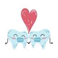 Hand drawn kawaii tooth couple in braces. Flat cartoon vector illustration of teeth character in love, dental care concept, oral hygiene