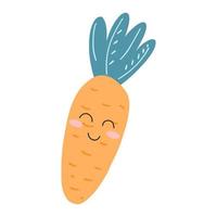 Cute kawaii carrot in cartoon flat style. Hand drawn vector illustration of healthy vegetable with happy face, veggie character for poster, postcard, fabric print, stickers, web design