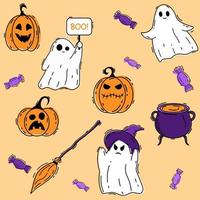 Halloween doodle set. Cartoon ghost candy pumpkin cauldron broom. Vector illustration