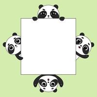 Cartoon pandas frame with blank sign. Place for text. Vector illustration