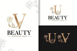 Feminine monogram logo with flower letter u and v vector