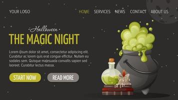 Boiling potion in cauldron and flask, burning candle and witchcraft books. Happy Halloween. Horizontal template for website interface, dark background. Vector illustration. For banner, store, sale