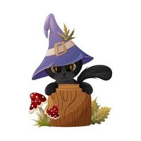 Cute black cat in a sorcery hat behind a stump. Fly agaric and autumn leaves. Cartoon vector illustration fo Halloween