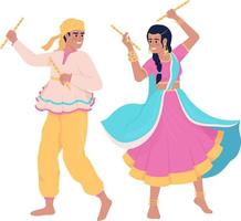 Couple performing indian dance with sticks semi flat color vector characters. Editable figures. Full body people on white. Simple cartoon style illustration for web graphic design and animation