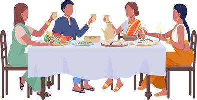 Fiends at festive dinner semi flat color vector characters. Editable figures. Full body people on white. Diwali holiday simple cartoon style illustration for web graphic design and animation