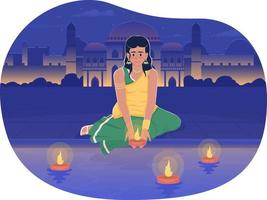 Diwali girl setting adrift diya on river 2D vector isolated illustration. Deepavali custom. Beautiful flat character on cartoon background. Colourful editable scene for mobile, website, presentation