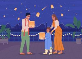 familia lanzando linternas del cielo en la ilustración de vector de color plano de diwali. símbolo festivo indio. tradición espiritual. personajes de dibujos animados simples en 2d completamente editables con la ciudad de la luz en el fondo