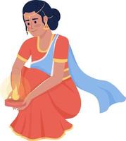 Woman in saree holding diya semi flat color vector character. Editable figure. Full body person on white. Religious ritual simple cartoon style illustration for web graphic design and animation