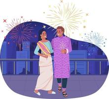 pareja amorosa celebrando diwali vacaciones 2d vector ilustración aislada. personajes planos del festival sobre fondo de dibujos animados. Fecha colorida escena editable para móvil, sitio web, presentación.