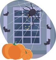 Evil smiling jack o lantern 2D vector isolated illustration. Spider web and pumpkins for Halloween flat decoration on cartoon background. Colourful editable scene for mobile, website, presentation
