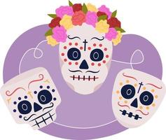 Calavera skull masks 2D vector isolated illustration. Dia De Los Muertos decorations flat objects on cartoon background. Halloween costumes colourful editable scene for mobile, website, presentation