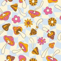 Retro groovy seamless pattern with cute flowers and mushrooms on a checkered background. Vector illustration in style hippie 70s, 80s