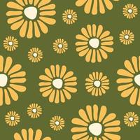 Floral abstract seamless pattern with cute hand drawn flowers on a olive background. Naive minimal art print. Trendy vector illustration