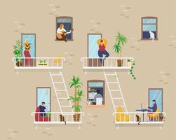 House exterior with people in windows and balconies staying at home and doing different activities studying, playing guitar, working, doing yoga, cooking, reading. Flat vector illustration.