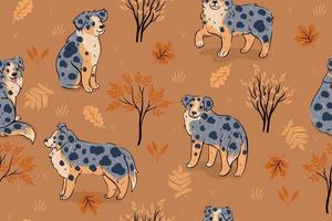 Seamless pattern with australian shepherds, autumn leaves and bushes. Vector graphics.