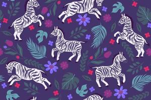 Seamless pattern with zebras and flowers. Vector graphics.