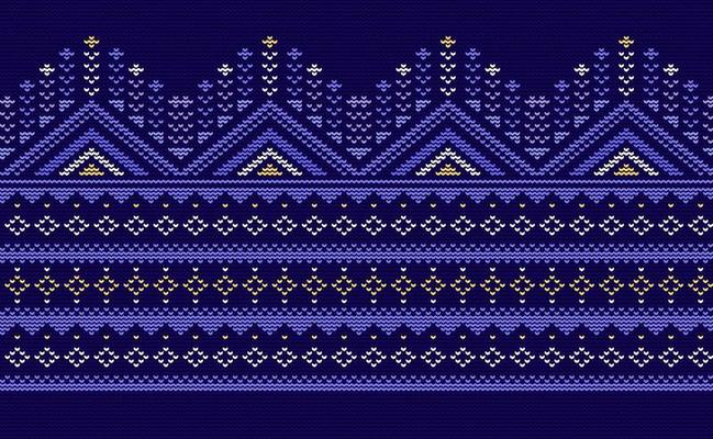 Knitted ethnic pattern, Vector cross stitch Nordic background, Embroidery illustration Ukrainian style, Purple and yellow pattern chevron surface, Design for fabric, carpet, wrapping, graphic