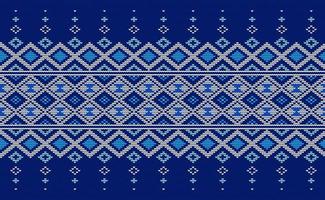Knitted ethnic pattern, Vector embroidery square background, Cross stitch traditional african style, White and blue pattern yarn abstract, Design for textile, fabric, carpet, graphic illustration