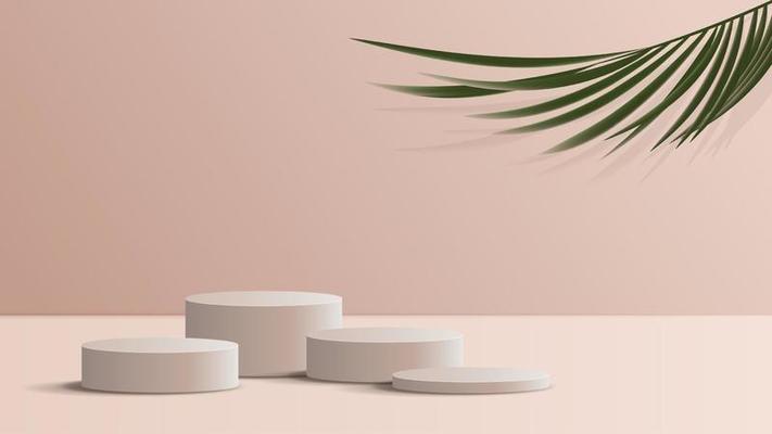 Pink podium display minimal background product display scene of abstract light and leaf for cosmetic, branding and packaging presentation. studio stage with shadow of leaf background. vector design