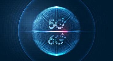 Holograma digital de red 5g o 6g y conexión wi-fi a Internet e Internet de las cosas con el horizonte moderno de la ciudad. concepto de red de comunicación. Telecomunicaciones de banda ancha y alta velocidad. vector