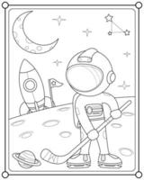 Cute astronaut playing hockey planet in space suitable for children's coloring page vector illustration