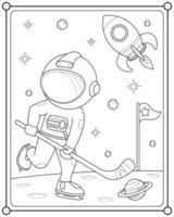 lindo astronauta jugando al planeta de hockey en el espacio adecuado para la ilustración vectorial de la página de color de los niños vector