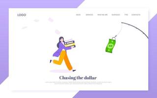 Money chase business concept with businesswoman running after dangling dollar. vector
