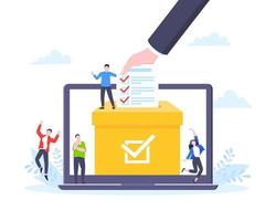 Online voting concept flat style design vector illustration. Tiny people with voting poll online survey working together.