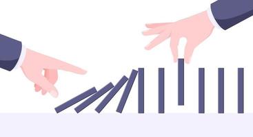 Domino effect business concept. One hand starts chain reaction of falling board game blocks of dominoes. vector