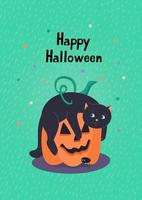 Happy Halloween greeting card with cute black kitten and jack-o-lantern pumpkin. Hand drawn lettering and vector illustration