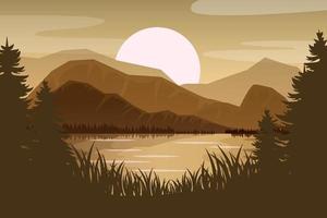 Beautiful vector landscape illustration - Peaceful warm sunrise over mountains, ocean and forest. Travel, hiking, outdoors and adventure concept. Use as background or wallpaper.