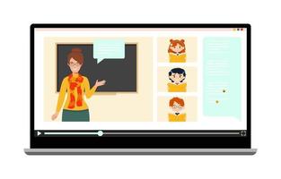 Vector illustration of a webinar, online conference, lectures and online education. A teacher teaches a lesson online